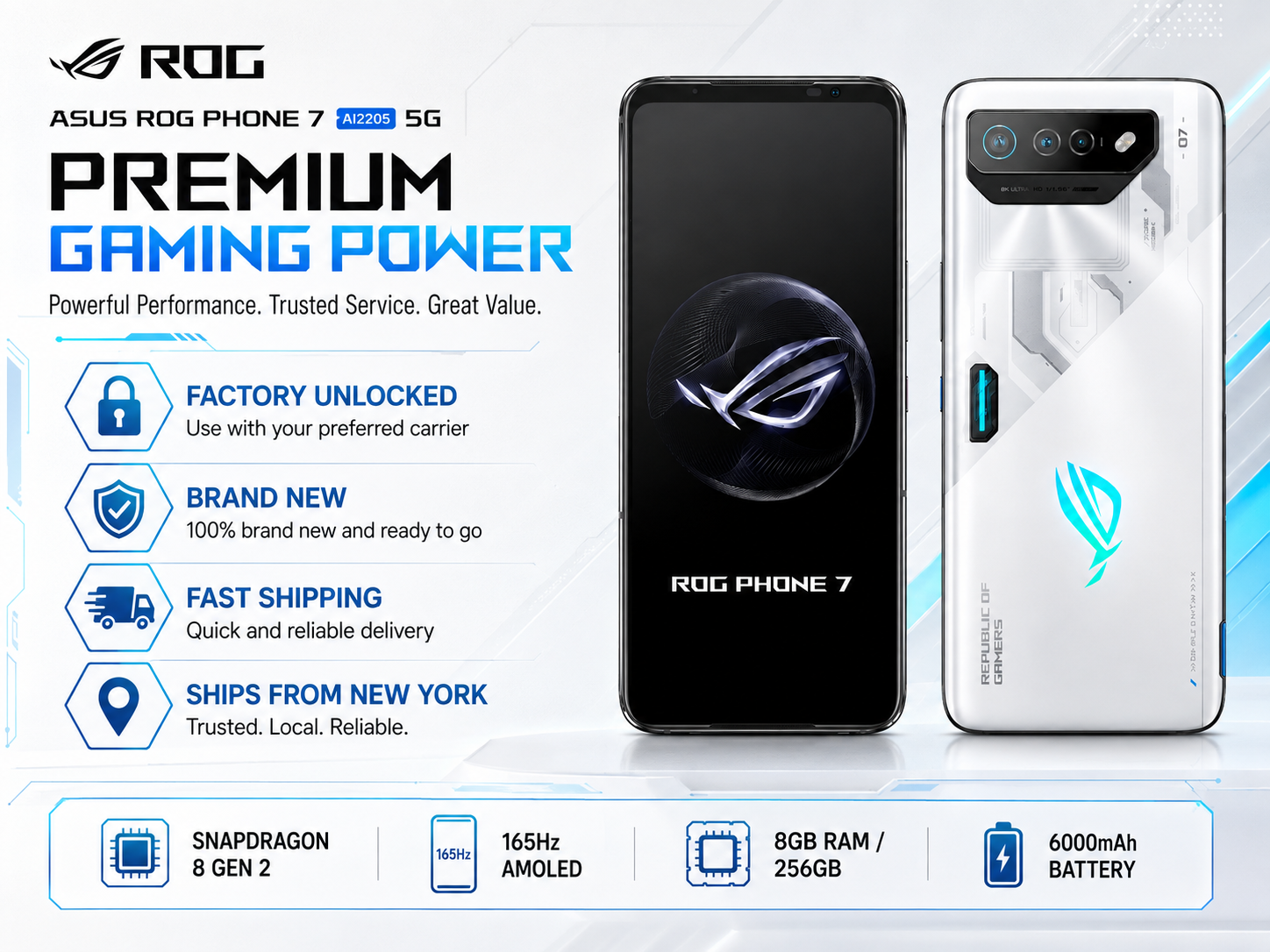 ASUS ROG Phone 7 Gaming smartphone front and back view, black screen and white rear with camera array