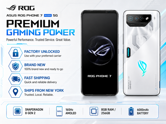 ASUS ROG Phone 7 Gaming smartphone front and back view, black screen and white rear with camera array
