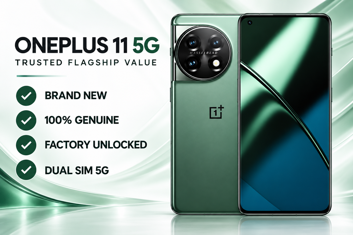 ONEPLUS 11 5G Green unlocked dual SIM smartphone with front display and rear camera setup.