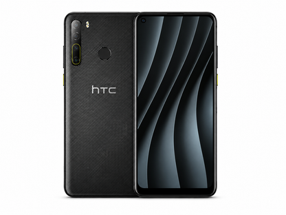 Black HTC Desire 20 Pro smartphone close-up, front display with rear texture and camera.