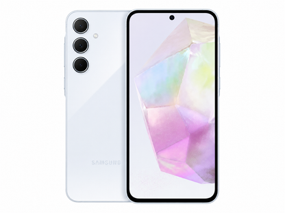 Samsung Galaxy A35 5G smartphone, ice blue back and front display with triple cameras