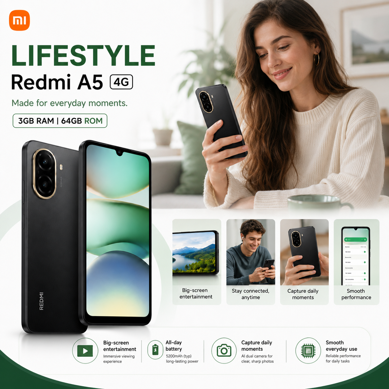 Xiaomi Redmi A5 4G 64GB ROM 3GB RAM Dual SIM GSM Unlocked - Black
