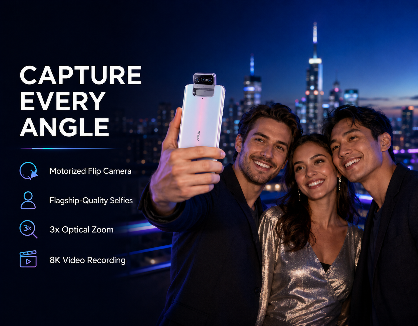 ASUS Zenfone 7 Pro Pastel white smartphone held up, rear multi-lens camera visible
