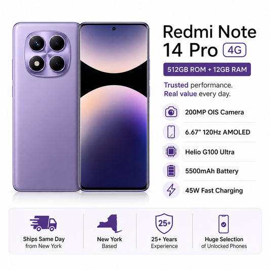 Xiaomi Redmi Note 14 Pro 4G Purple smartphone front and back, rear quad camera module and curved screen
