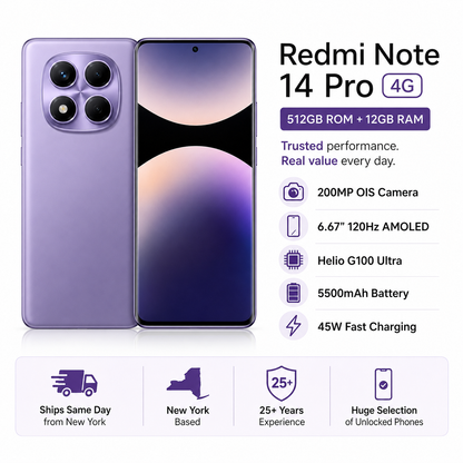 Xiaomi Redmi Note 14 Pro 4G 512GB ROM 12GB RAM Dual SIM GSM Unlocked - Aurora Purple