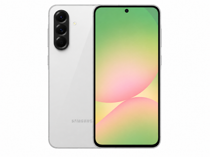 Samsung Galaxy A56 5G dual SIM phone with gray body, front and rear views