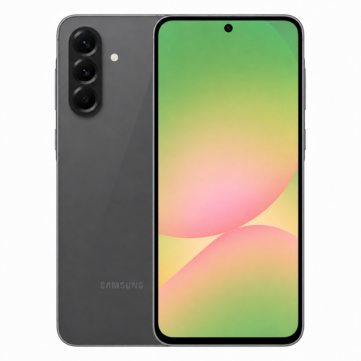 Samsung Galaxy A56 5G Graphite Samsung Galaxy smartphone front and back view with green gradient display