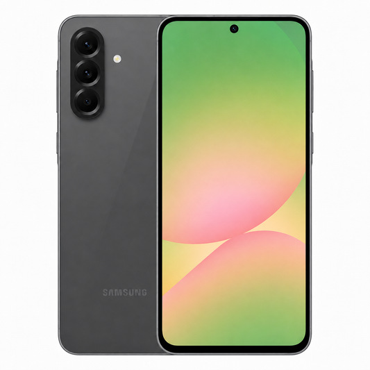 Samsung Galaxy A56 5G Graphite Samsung Galaxy smartphone front and back view with green gradient display