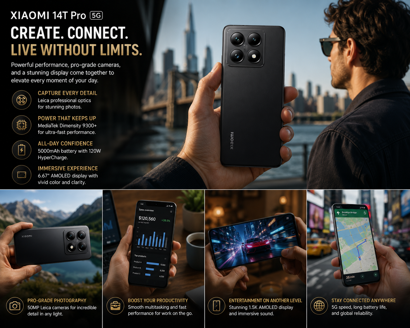 Xiaomi 14T Pro 5G Titan Black smartphone held in hand, front and rear visible with quad cameras