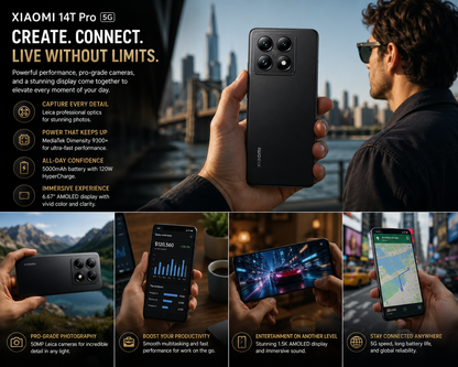 Xiaomi 14T Pro 5G Titan Black smartphone held in hand, front and rear visible with quad cameras