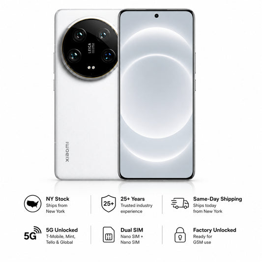 White Xiaomi smartphone back and front with badge icons below