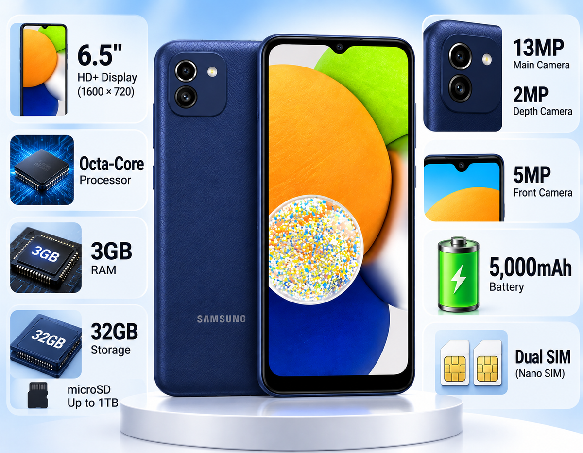 Samsung Galaxy A03 smartphone in blue with front screen and rear camera module