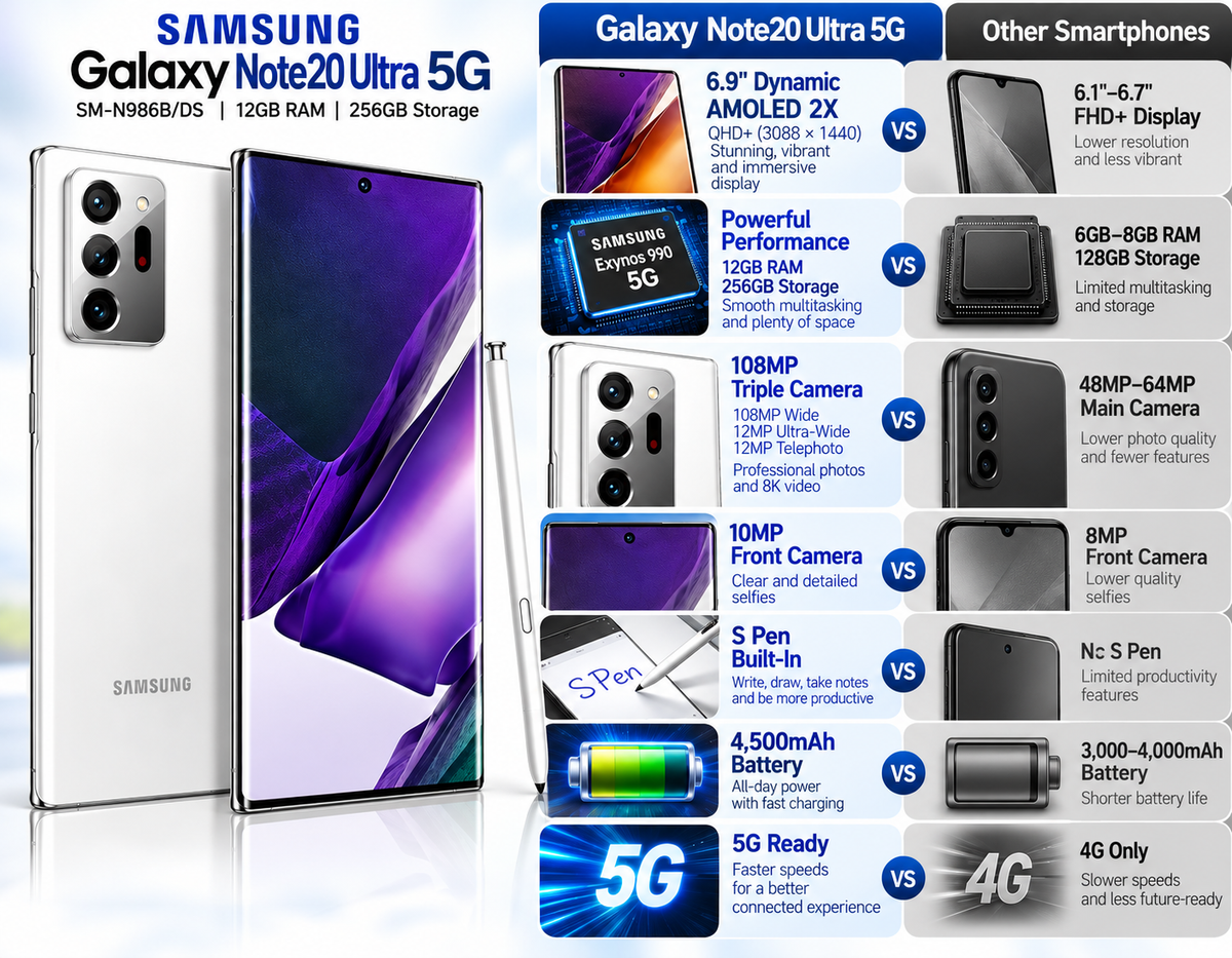 White Samsung Galaxy Note 20 Ultra 5G phone with comparison graphic and stylus