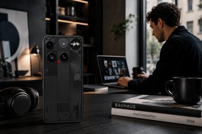 Nothing Phone (3) 5G Black smartphone back with triple camera module facing the viewer on a desk