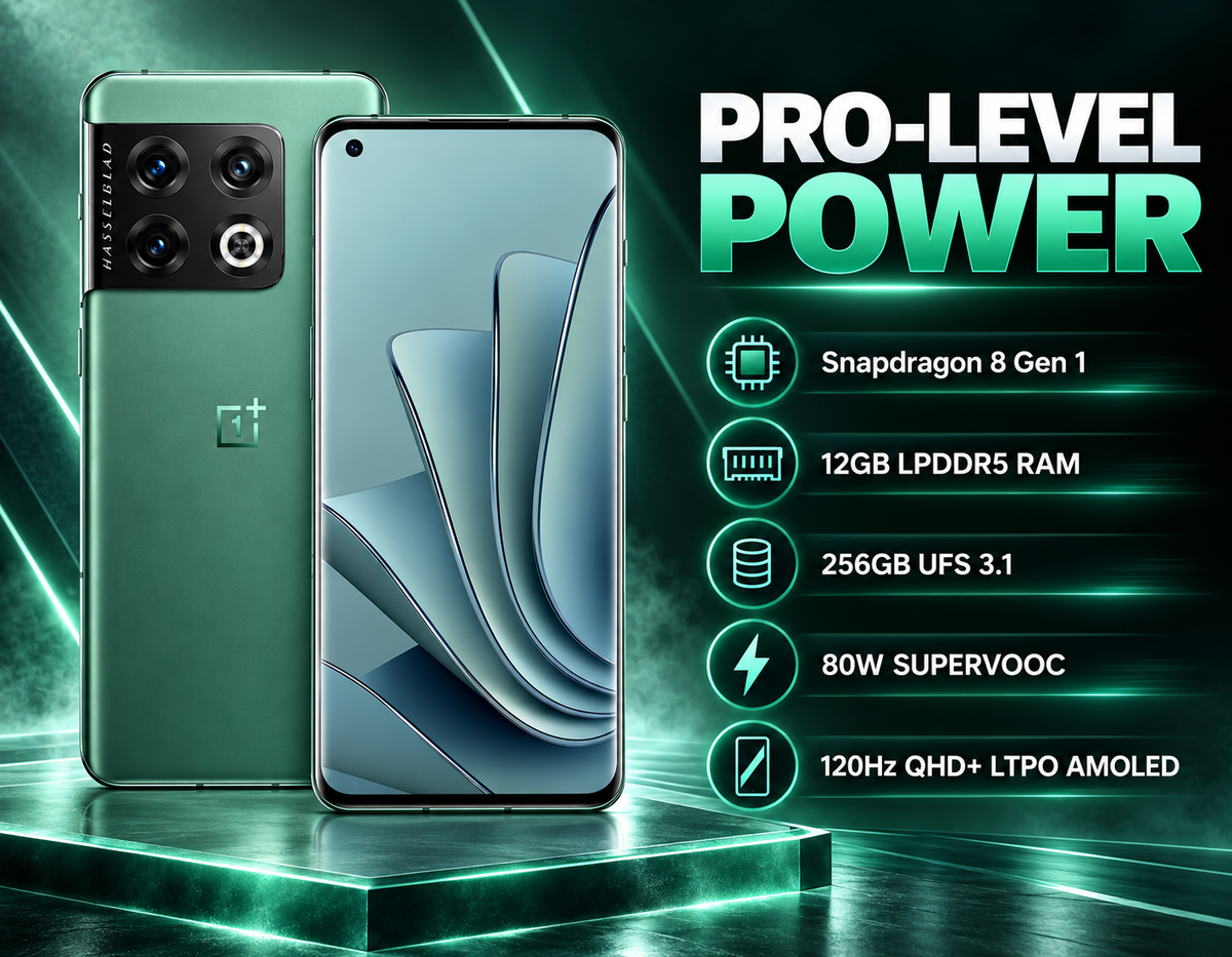 OnePlus 10 Pro 5G phone in emerald green with front display and rear camera module