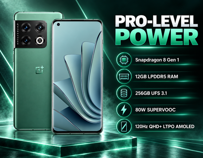 OnePlus 10 Pro 5G phone in emerald green with front display and rear camera module