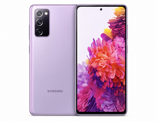 Lavender Samsung Galaxy S20 FE 5G smartphone with dual rear cameras and front display