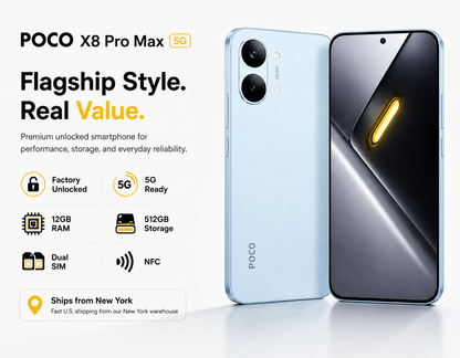 Xiaomi Poco X8 PRO MAX 5G POCO smartphone marketing flyer with light blue back and dark front view