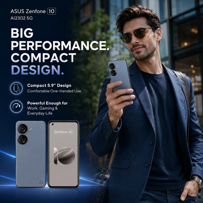 Asus Zenfone 10 AI2302 5G Blue smartphone held in a man’s hand with the front screen visible