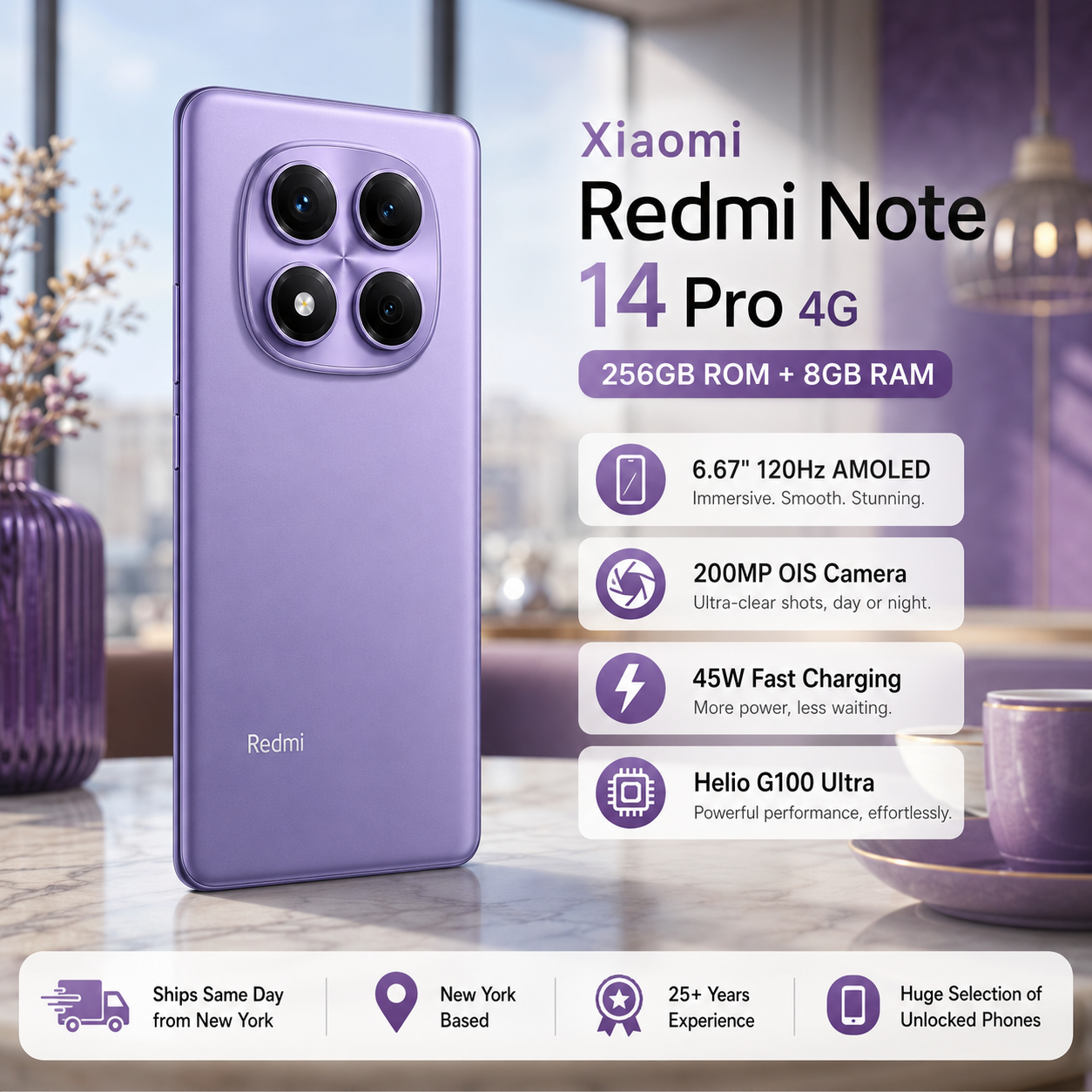 Xiaomi Redmi Note 14 Pro 4G 256GB ROM 8GB RAM Dual SIM GSM Unlocked - Aurora Purple