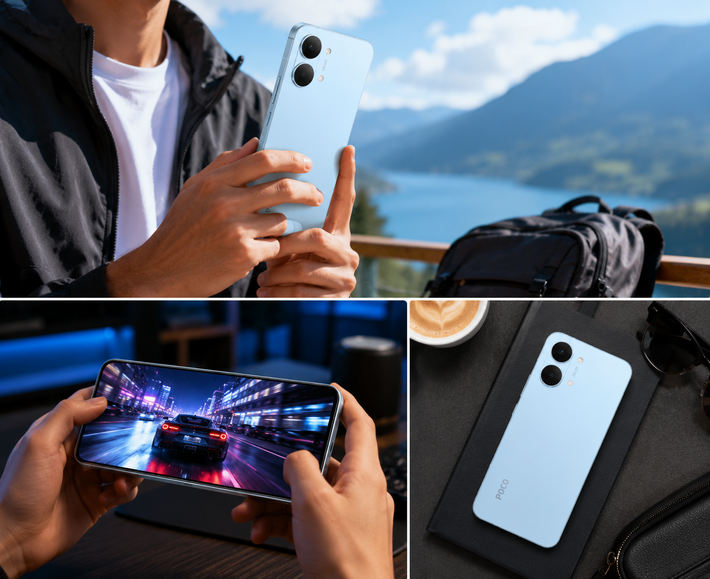 Xiaomi Poco X8 PRO MAX 5G Blue smartphone in hand with additional phone screens shown in lifestyle collage