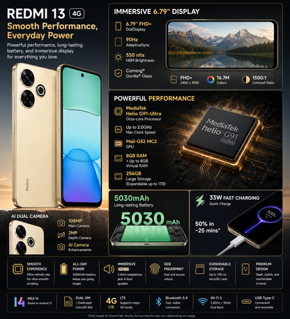 Gold 4G smartphone with mint-to-blue display and dual rear cameras
