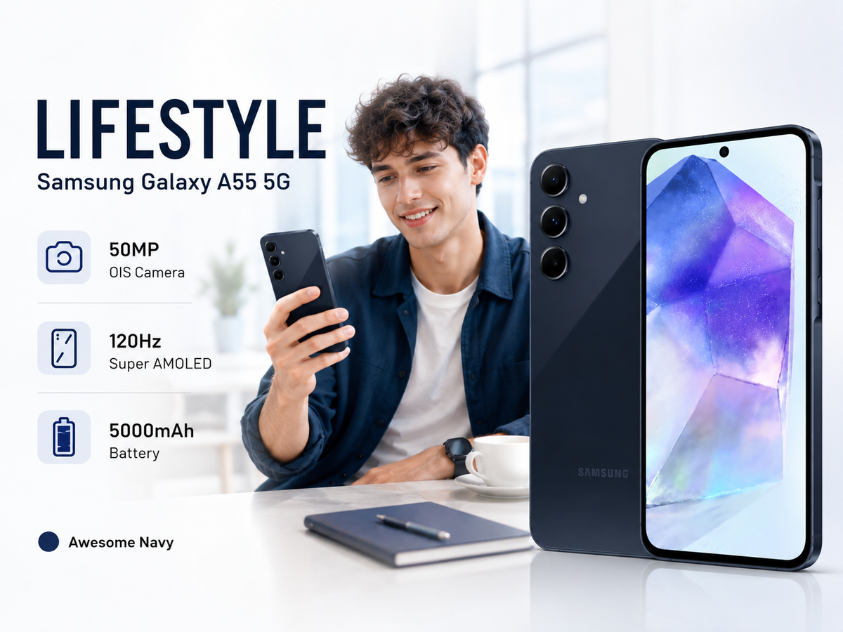 Awesome Navy Samsung Galaxy A55 5G on desk with screen on and rear triple-camera design