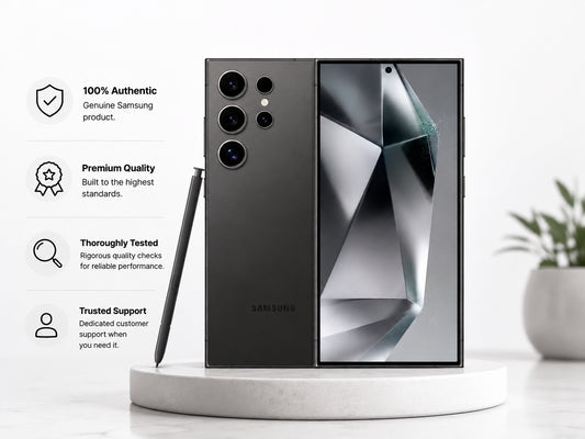 SAMSUNG Galaxy S24 Ultra smartphone, Titanium Black back and front screen on display stand