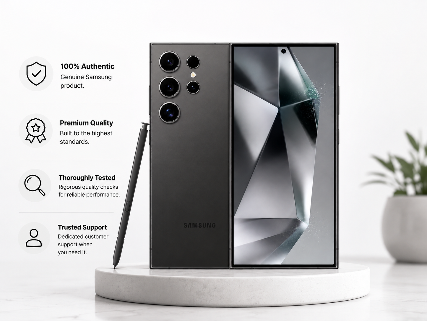 SAMSUNG Galaxy S24 Ultra smartphone, Titanium Black back and front screen on display stand