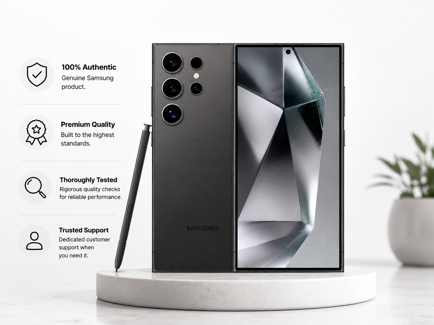 SAMSUNG Galaxy S24 Ultra smartphone, Titanium Black back and front screen on display stand