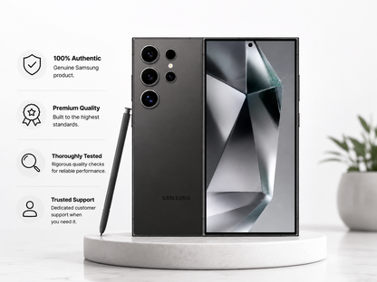 SAMSUNG Galaxy S24 Ultra smartphone, Titanium Black back and front screen on display stand