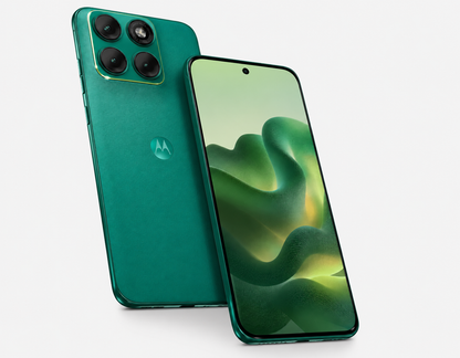Motorola Moto Edge 70 Fusion 5G Green Motorola smartphone with back quad cameras and front display, angled view