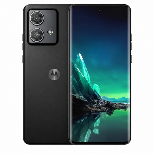 Black Motorola Edge 40 Neo smartphone, close-up front and rear with dual lenses