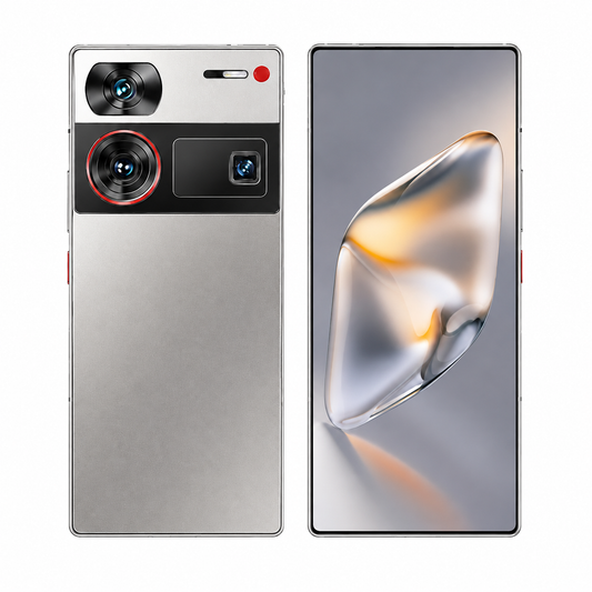 nubia Z60 Ultra 5G  Silver smartphone front and back views, triple camera module and curved screen.