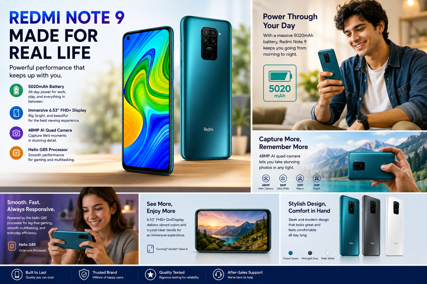 Midnight grey Xiaomi Redmi Note 9 smartphone with teal screen, held by a person