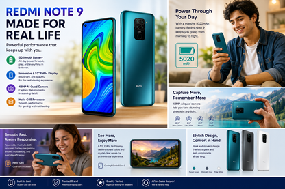 Midnight grey Xiaomi Redmi Note 9 smartphone with teal screen, held by a person