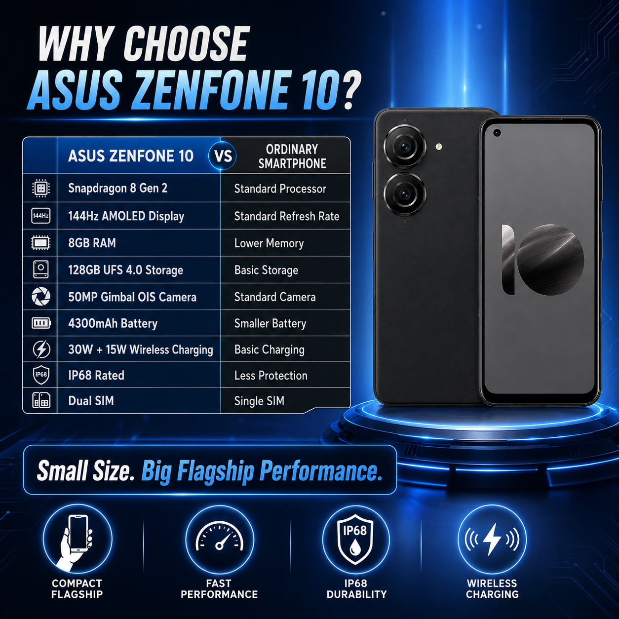 Asus Zenfone 10 AI2302 5G Black smartphone with dual rear cameras and front display, angled view