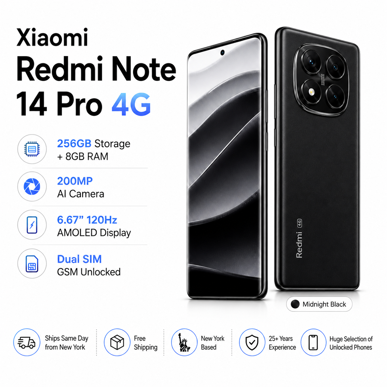 Xiaomi Redmi Note 14 Pro 4G 256GB ROM 8GB RAM Dual SIM GSM Unlocked - Midnight Black