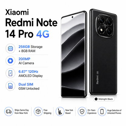 Xiaomi Redmi Note 14 Pro 4G 256GB ROM 8GB RAM Dual SIM GSM Unlocked - Midnight Black