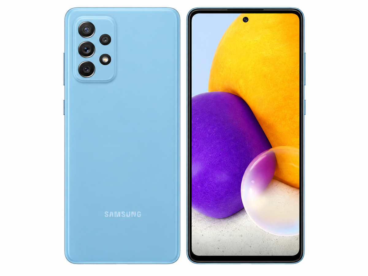 Samsung Galaxy A72 Light blue Samsung smartphone, back panel and front display shown