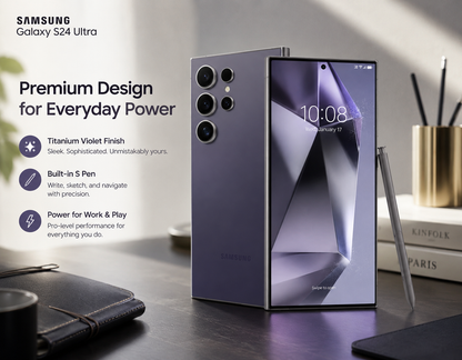 S24 Ultra smartphone in Titanium Violet, showing front display, quad rear cameras, S Pen