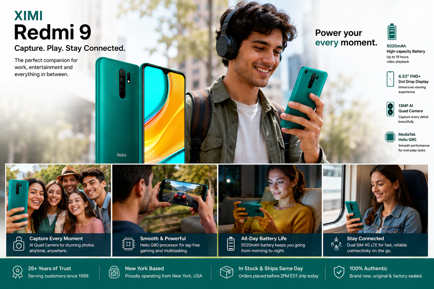 Ocean green unlocked smartphone held with screen lit and rear camera visible.