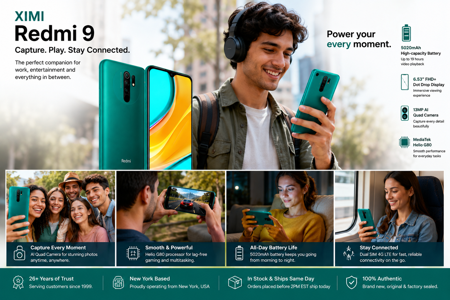 Ocean green unlocked smartphone held with screen lit and rear camera visible.