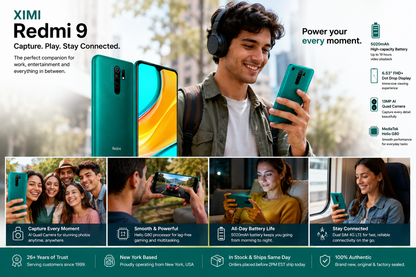 Ocean green unlocked smartphone held with screen lit and rear camera visible.