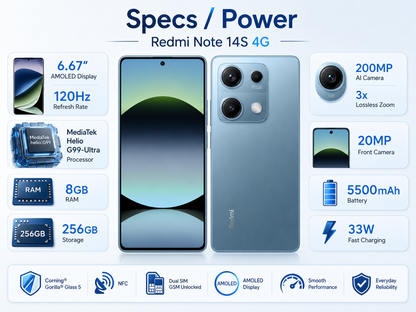 Xiaomi Redmi Note 14S 4G 256GB ROM 8GB RAM Dual Sim GSM Unlocked - Ocean Blue