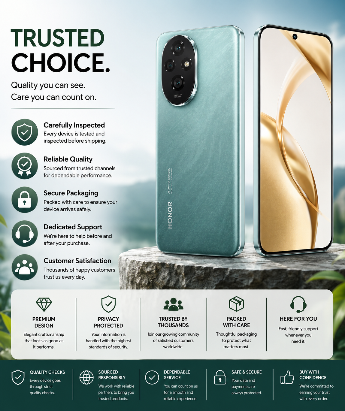 Honor 200 5G smartphone with teal green back and gold front display on outdoor surface