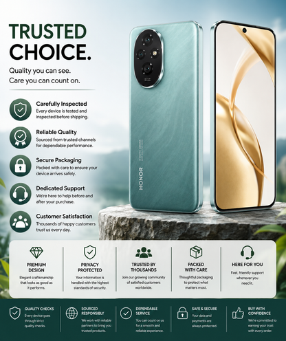 Honor 200 5G smartphone with teal green back and gold front display on outdoor surface