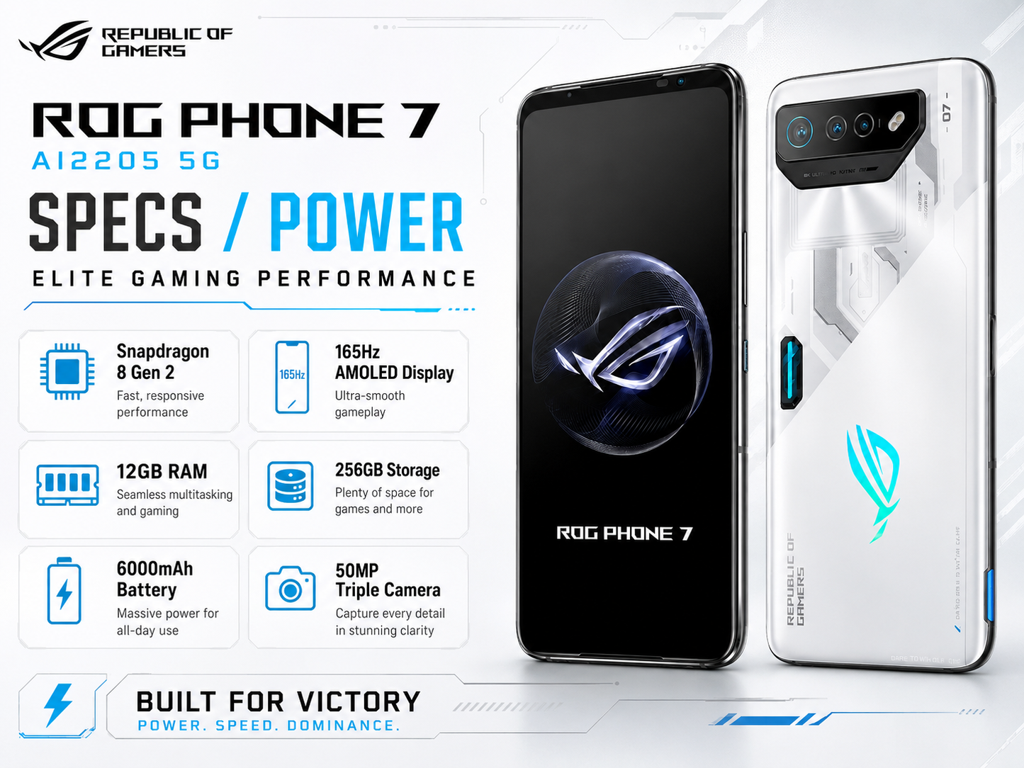 ASUS ROG Phone 7 White and dark-front ASUS ROG phone pair, triple rear camera on white back