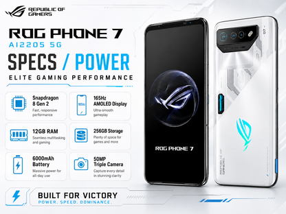 ASUS ROG Phone 7 White and dark-front ASUS ROG phone pair, triple rear camera on white back