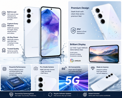 Ice blue Galaxy A55 5G phone with water splash and droplets